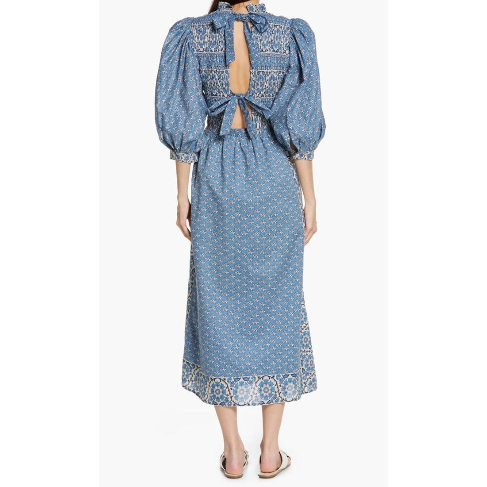 Sea New York Tuckernuck Fernanda Puff Sleeve Smocked Midi Dress Blue Cottage XS - Picture 2 of 14